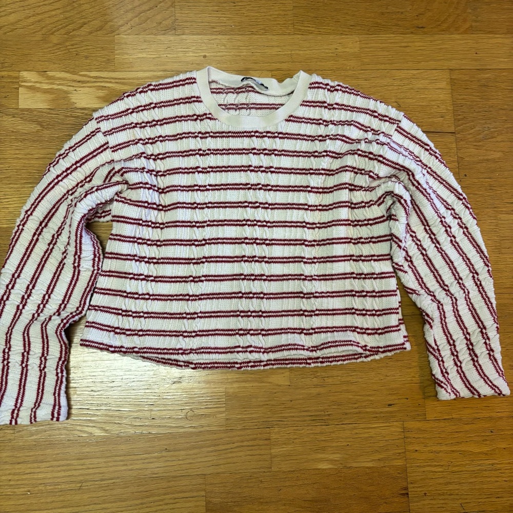 Zara Cable Knit Striped Coastal Nautical Fisherman Tennis Prep Cropped Sweater L - Picture 1 of 4